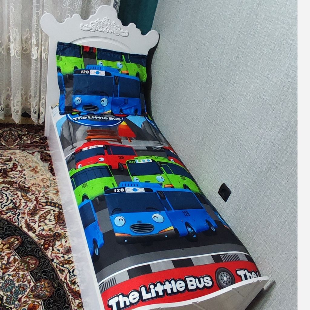 فروش اینترنتی نیم ست روتختی دوتیکه ملحفه دورکش یک نفره طرح تایو اتوبوس کوچک