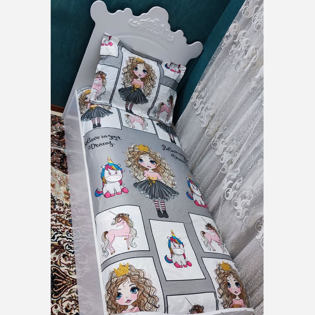 خرید انلاین ملحفه روتختی تشک تک نفره عروسکی تک شاخ طوسی