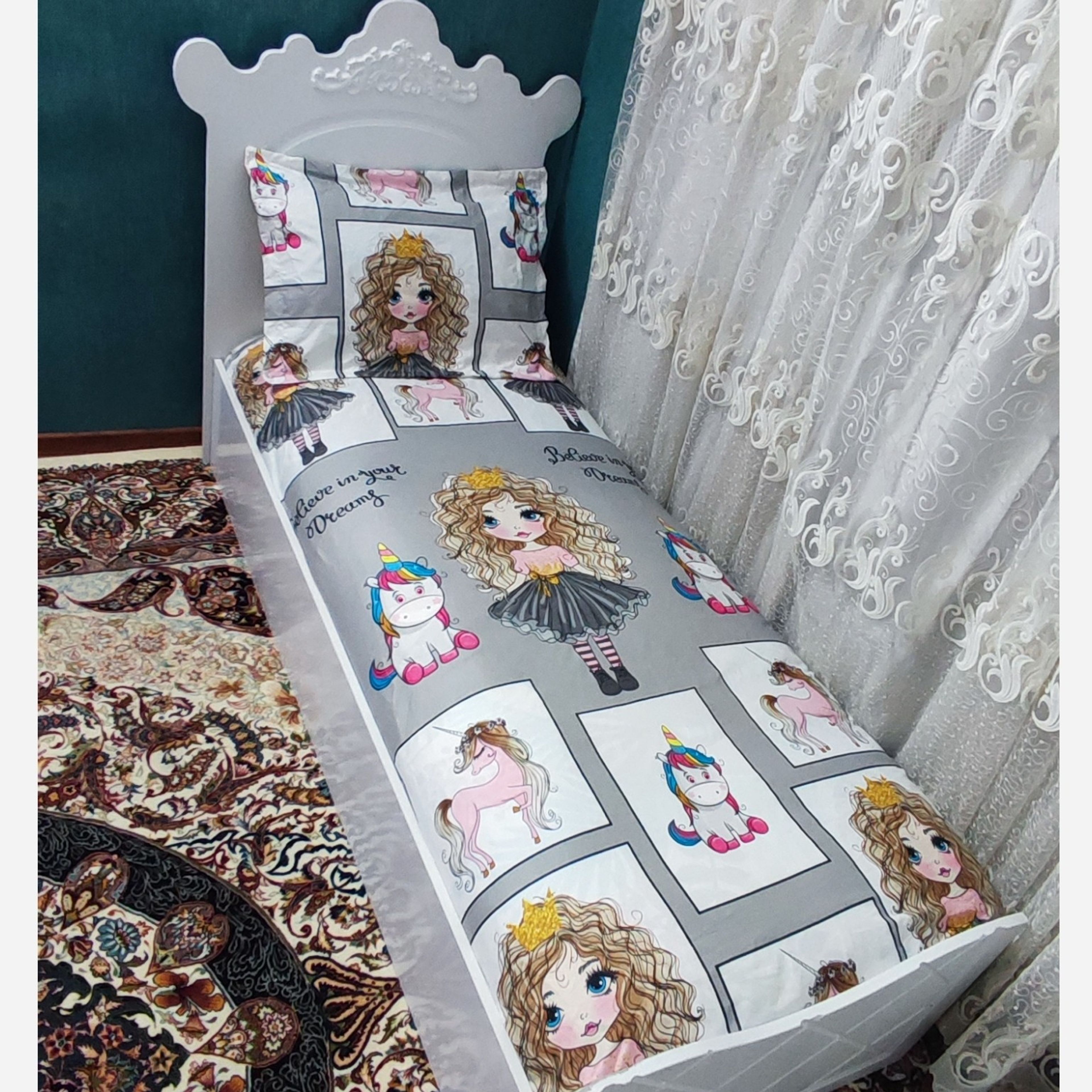 خرید اینترنتی ملحفه روتختی تشک تک نفره عروسکی تک شاخ طوسی