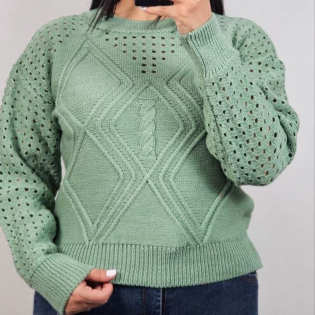 خرید انلاین بلوز بافت کراپ زنانه زنبوری ژور وسط لوزی آستین بلند