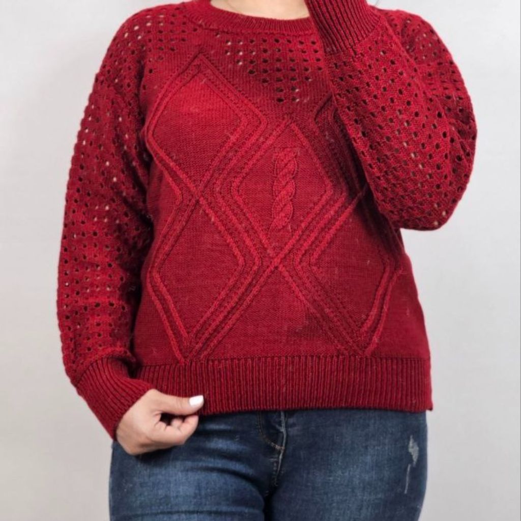 خرید آنلاین بلوز بافت کراپ زنانه زنبوری ژور وسط لوزی آستین بلند