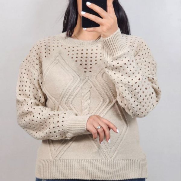 بافت زنانه زنبوری یقه گرد آستین بلند