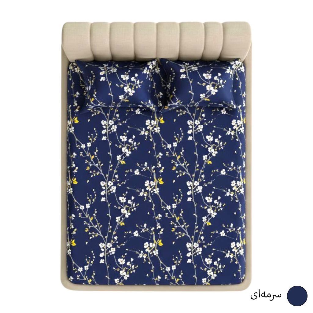 خرید آنلاین ملحفه کش‌دار نخی دونفره مدل شکوفه سرمه‌ای + 2 روبالشتی پاکتی