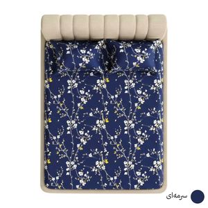 ملحفه کش‌دار نخی دونفره مدل شکوفه سرمه‌ای + 2 روبالشتی پاکتی