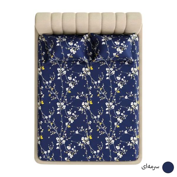 ملحفه کش‌دار نخی دونفره مدل شکوفه سرمه‌ای + 2 روبالشتی پاکتی