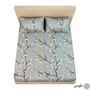 روتختی کش دار پنبه 2نفره مدل شکوفه طوسی + 2 روبالشتی پاکتی