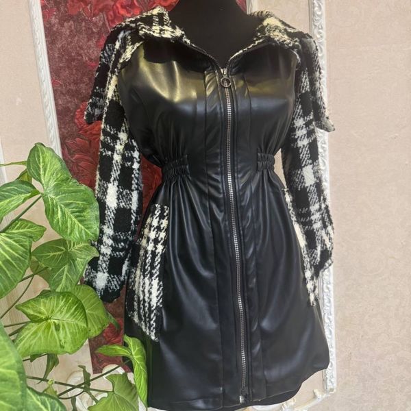 پالتو دخترانه پالتو زنانه پالتو چرم و چهارخونه کلاهدار بارونی چرم بارانی