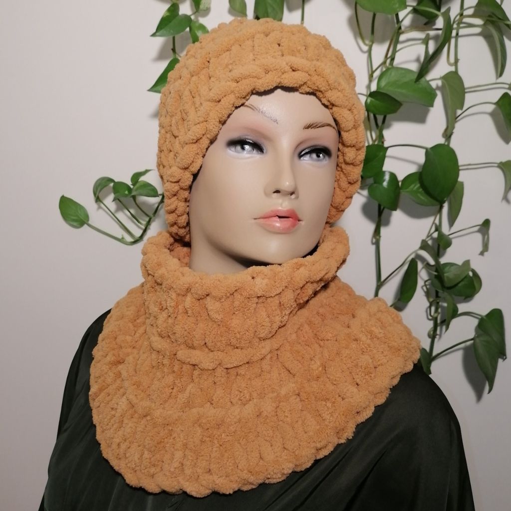 خرید اینترنتی کلاه و شالگردن رینگی دستبافت آلیز پافی رنگ شتری 0703