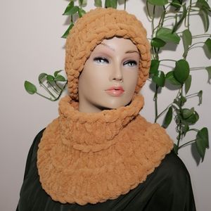 خرید اینترنتی کلاه و شالگردن رینگی دستبافت آلیز پافی رنگ شتری 0703