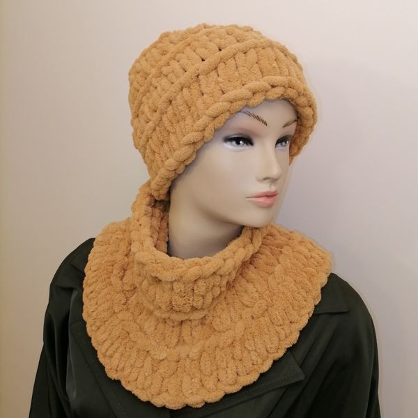 کلاه و شالگردن رینگی دستبافت آلیز پافی رنگ شتری 0703