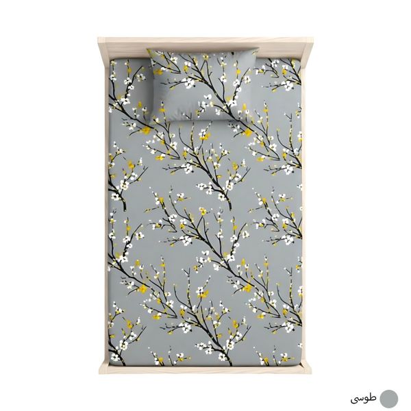 ملحفه کشدار تک نفره طرح شکوفه بهاری | روتختی کشدار با روبالشی گلدار
