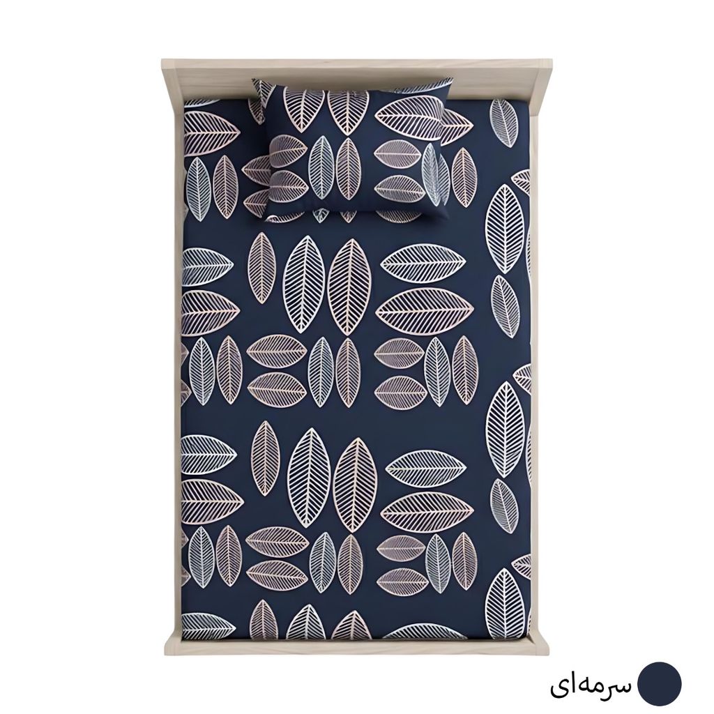 خرید آنلاین ملحفه تشک کشدار یکنفره مدل برگ‌ ماکااو - طرح برگ‌های طوسی و آبی