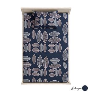 ملحفه تشک کشدار یکنفره مدل برگ‌ ماکااو - طرح برگ‌های طوسی و آبی