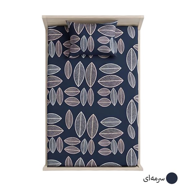 ملحفه تشک کشدار یکنفره مدل برگ‌ ماکااو - طرح برگ‌های طوسی و آبی