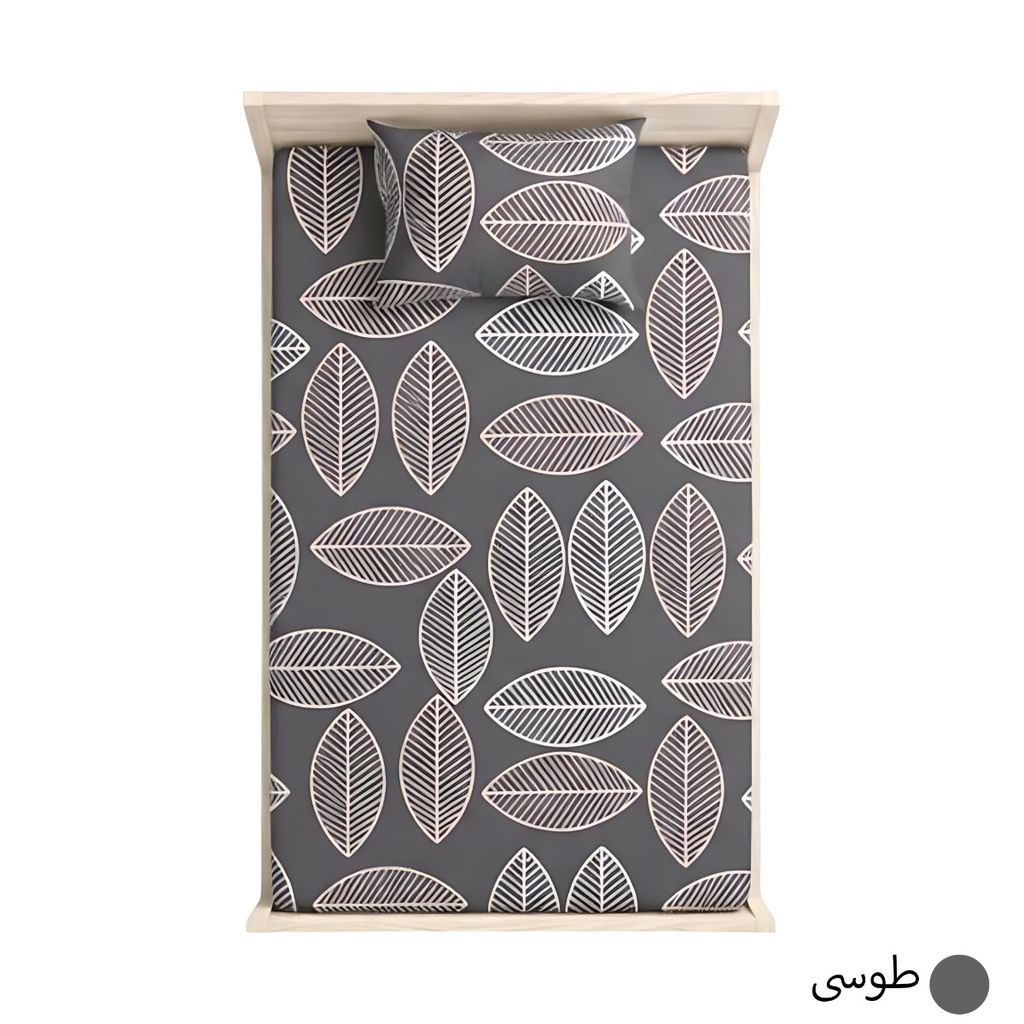 قیمت ملحفه تشک کشدار یکنفره مدل برگ‌ ماکااو - طرح برگ‌های طوسی و آبی