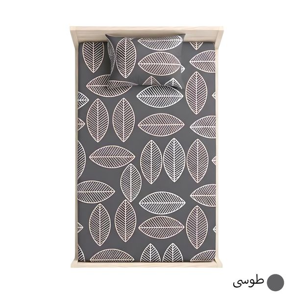 ملحفه تشک کشدار یکنفره مدل برگ‌ ماکااو - طرح برگ‌های طوسی و آبی