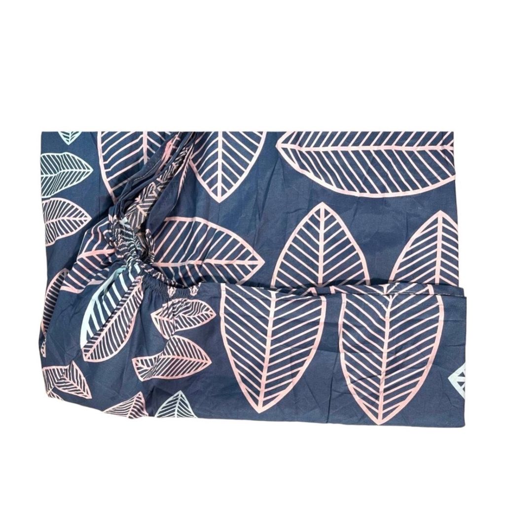 مشخصات ملحفه تشک کشدار یکنفره مدل برگ‌ ماکااو - طرح برگ‌های طوسی و آبی