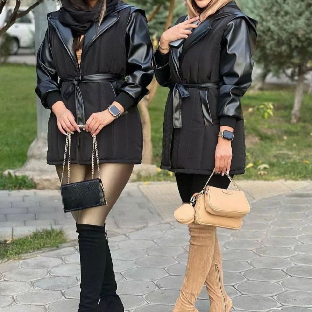 مشخصات کاپشن زنانه طرح چرم و ضد آب