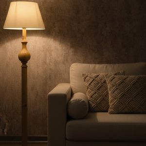 خرید اینترنتی آباژور ایستاده کنار سالنی مینیمال چوبی