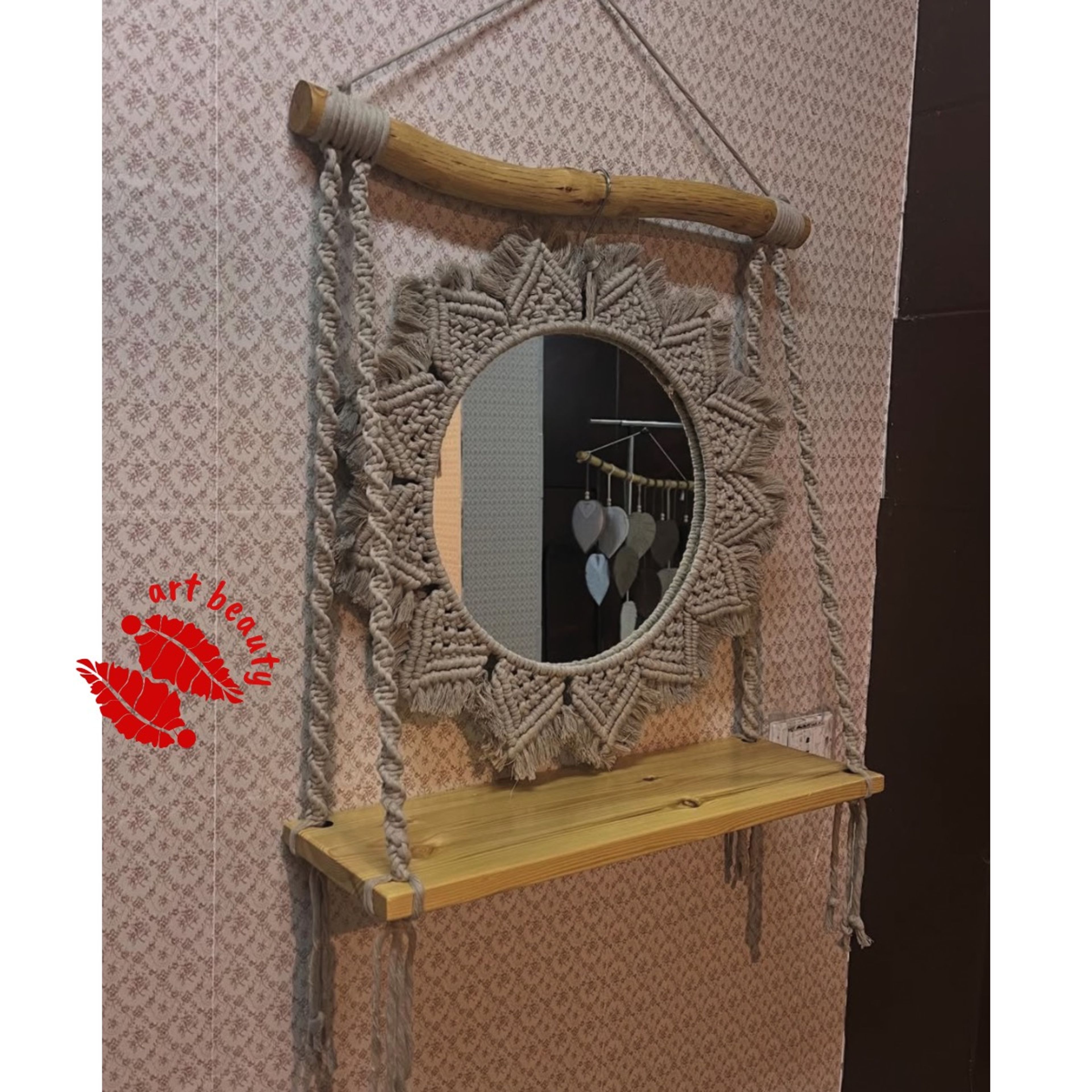خرید اینترنتی دیوارکوب شلف چوبی ست با اینه مکرومه بافی مدرن
