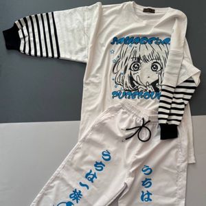 ست بلوز لانگ انیمه ای و شلوار بلوز انیمه ای لانگ آستین دار انیمه