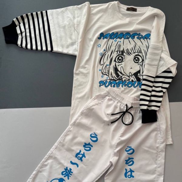 ست بلوز لانگ انیمه ای و شلوار بلوز انیمه ای لانگ آستین دار انیمه