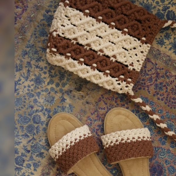 ست کیف و صندل مکرومه بافی دو رنگ