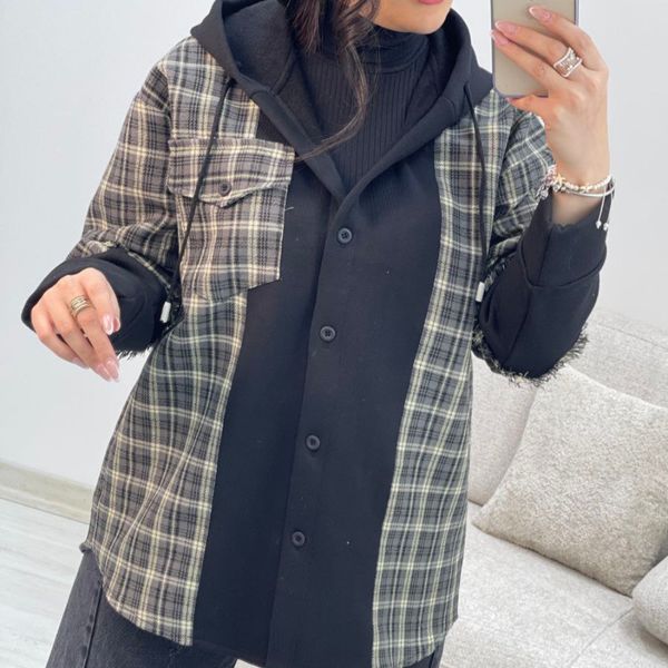 سویشرت زنانه کلاهدار طرح ترکیبی دورس و چهارخونه