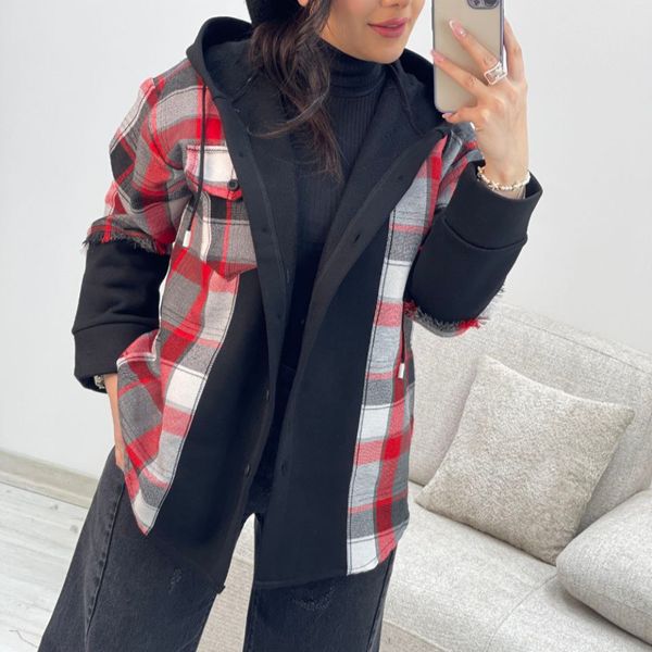 سویشرت زنانه کلاهدار طرح ترکیبی دورس و چهارخونه