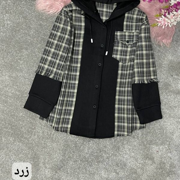 سویشرت زنانه کلاهدار طرح ترکیبی دورس و چهارخونه