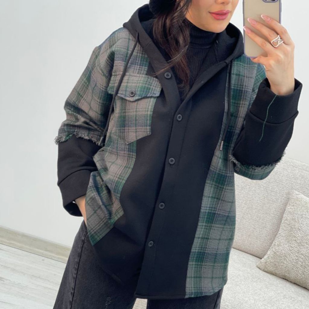 قیمت ارزان سویشرت زنانه کلاهدار طرح ترکیبی دورس و چهارخونه