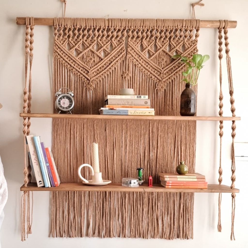 قیمت ارزان دیوارکوب و‌شلف چوبی اویز مکرومه طرح رایکا