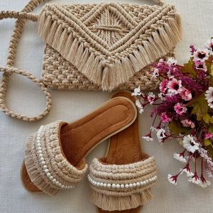 ست کیف و صندل مکرومه بافی مدل نیلا