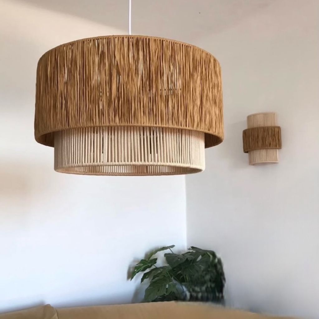 قیمت ارزان لوستر دو طبقه مکرومه بافی ترکیب رافیا و مکرومه