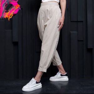 شلوار مام استایل لنین دمپا چسبی ZARA زنانه