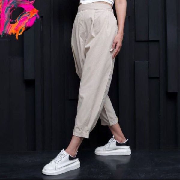 شلوار مام استایل لنین دمپا چسبی ZARA زنانه