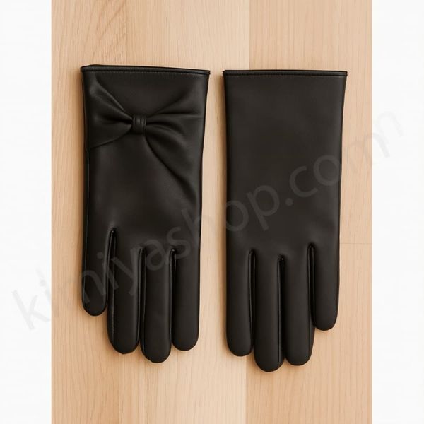 دستکش چرم زنانه مشکی پاپیون بزرگ – شیک و ضد آب