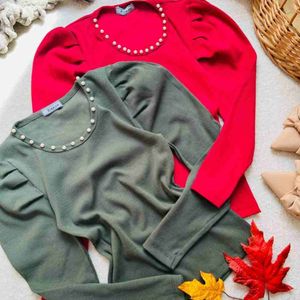 فروش اینترنتی بلوز کبریتی آستین پفی یقه مرواریدی زنانه