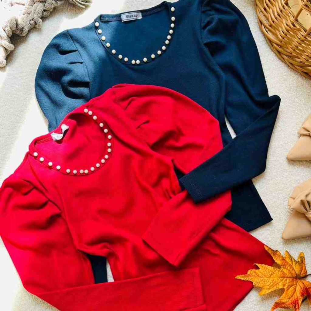 خرید اینترنتی بلوز کبریتی آستین پفی یقه مرواریدی زنانه