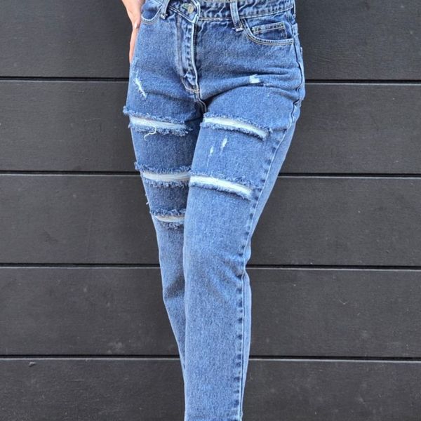 شلوار جین مام فیت خارجی قد 90 سایز 29 تا 33 خارجی رنگ آبی تیره