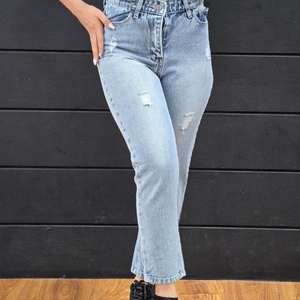 شلوار مام فیت خارجی جین آبی روشن قد 90