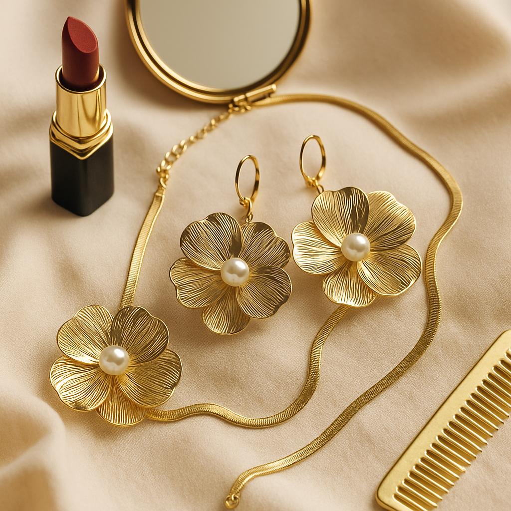 خرید انلاین نیم‌ست زنانه مدل گل مرواریدی از جنس استیل ضد حساسیت