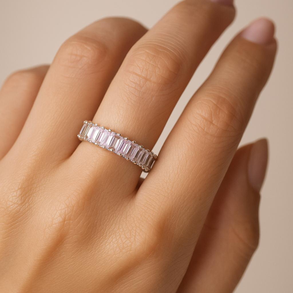 قیمت ارزان انگشتر زنانه تنیسی طرح نگین باگتی از جنس ابکاری رادیوم