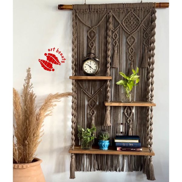 شلف چوبی سه طبقه مکرومه لاکچری طرح بهار