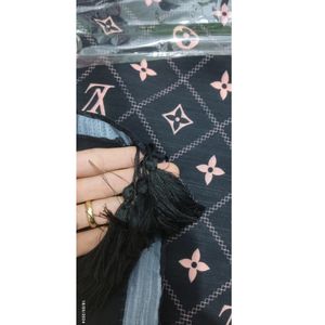 شال نخی مشکی هلویی طرحدار منگوله دار