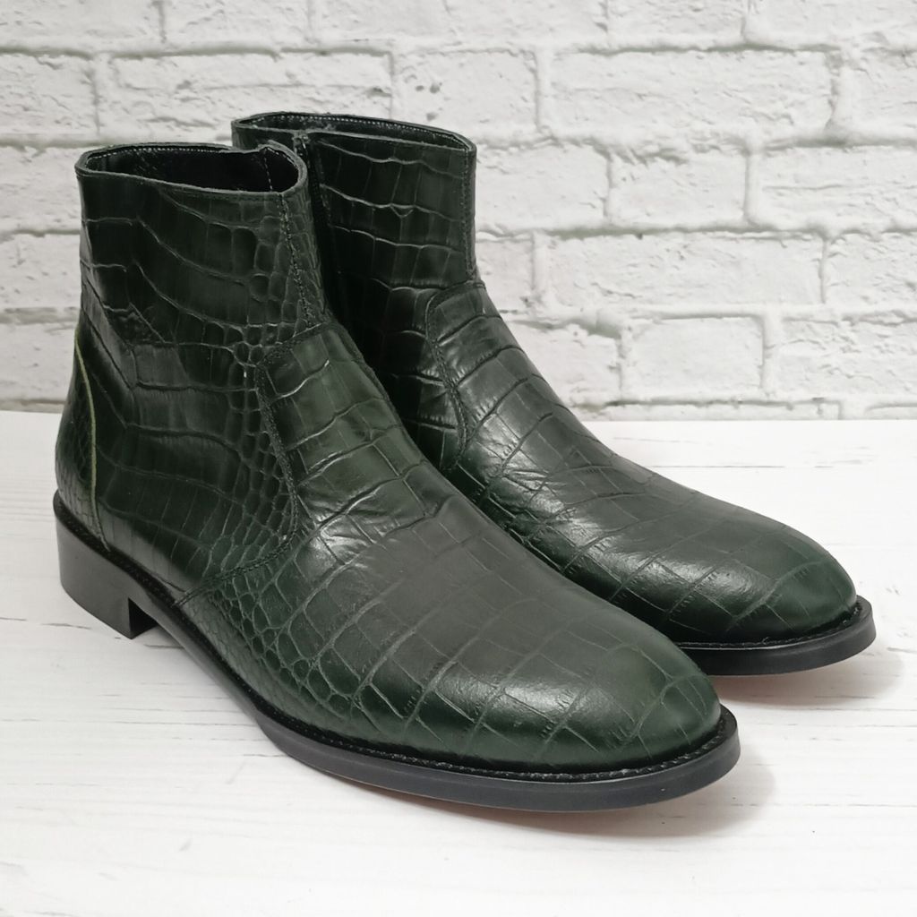 قیمت نیم بوت مردانه مجلسی چرم طبیعی آلپاین کروکودیلی یشمی