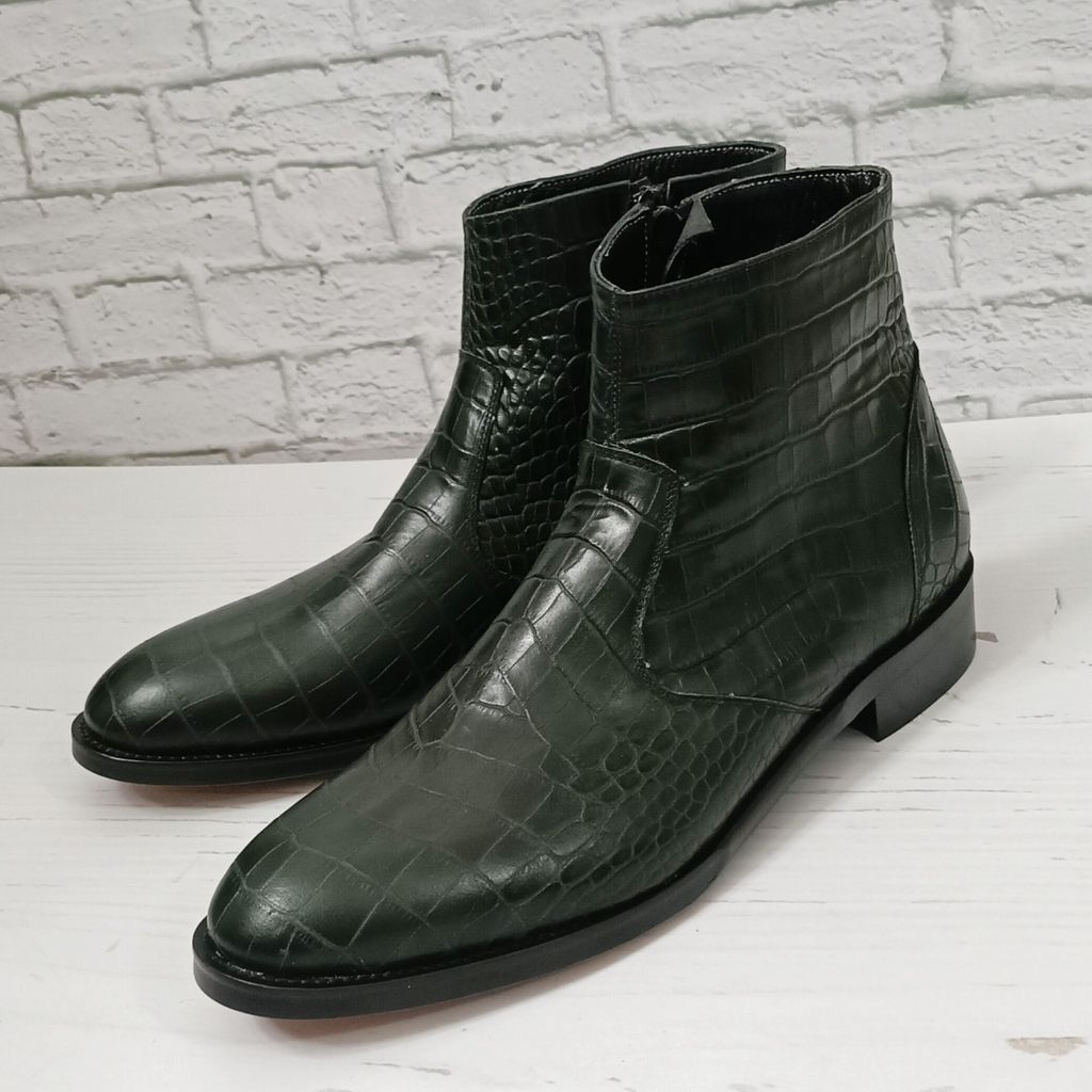 خرید انلاین نیم بوت مردانه مجلسی چرم طبیعی آلپاین کروکودیلی یشمی