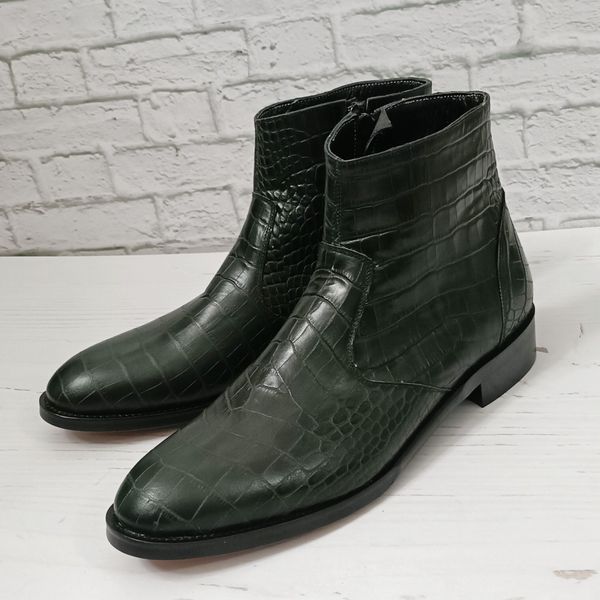 نیم بوت مردانه مجلسی چرم طبیعی آلپاین کروکودیلی یشمی