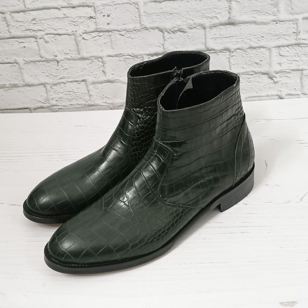 خرید آنلاین نیم بوت مردانه مجلسی چرم طبیعی آلپاین کروکودیلی یشمی