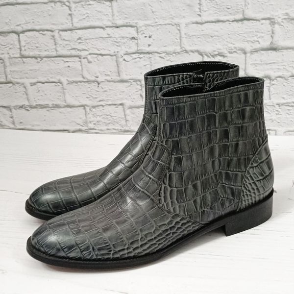 نیم بوت مردانه مجلسی چرم طبیعی دستدوز آلپاین کروکودیلی طوسی